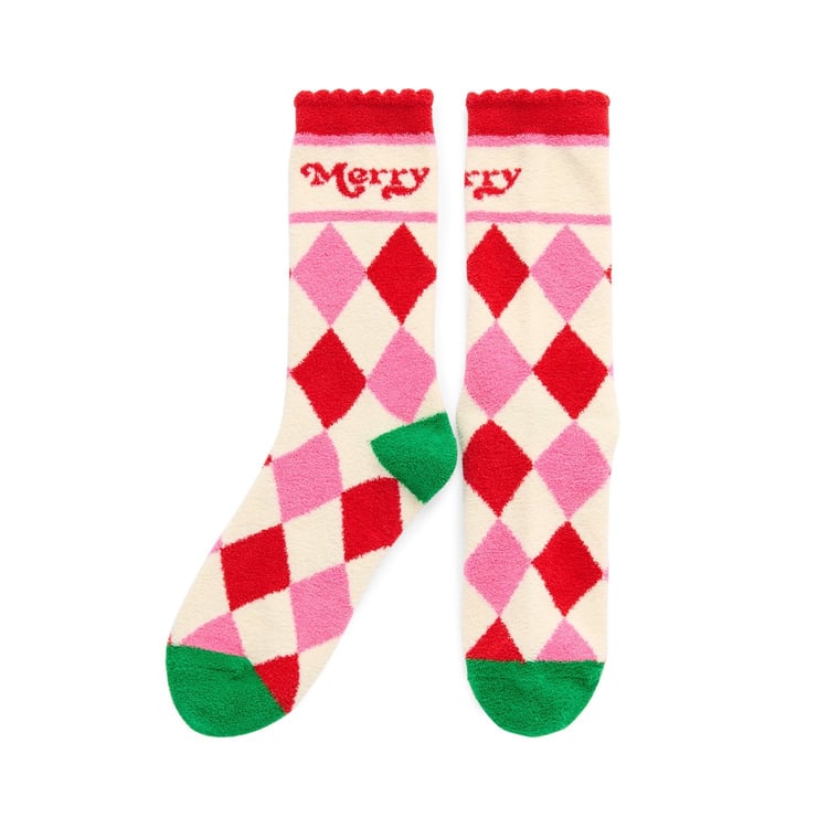 Merry Argyle Socks in multi-color pink, red, and cream with green heel and toe accents.