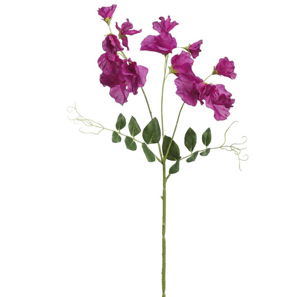 Artificial Sweetpea spray with green polyethylene stems and polyester leaves in a natural arrangement.