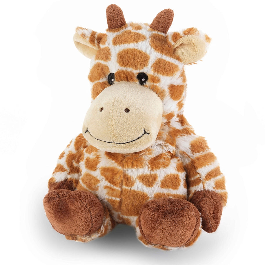 A Giraffe Warmie plush toy with a giraffe head pattern in soft beige and brown tones.