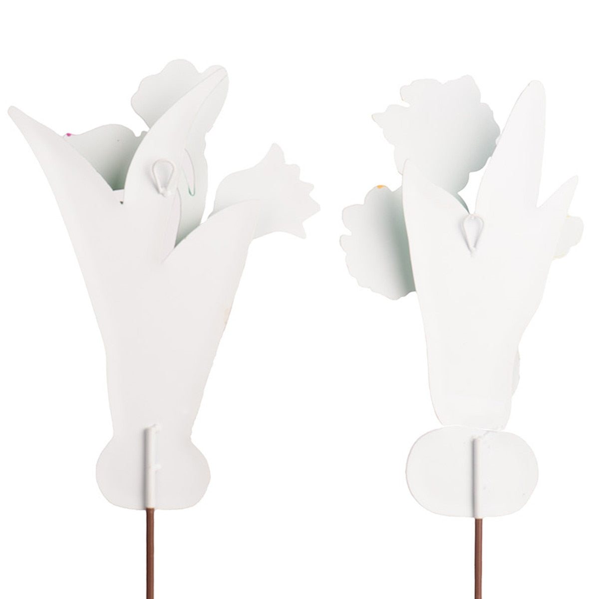 Two white metal tulip-shaped garden stakes with subtle floral accents.