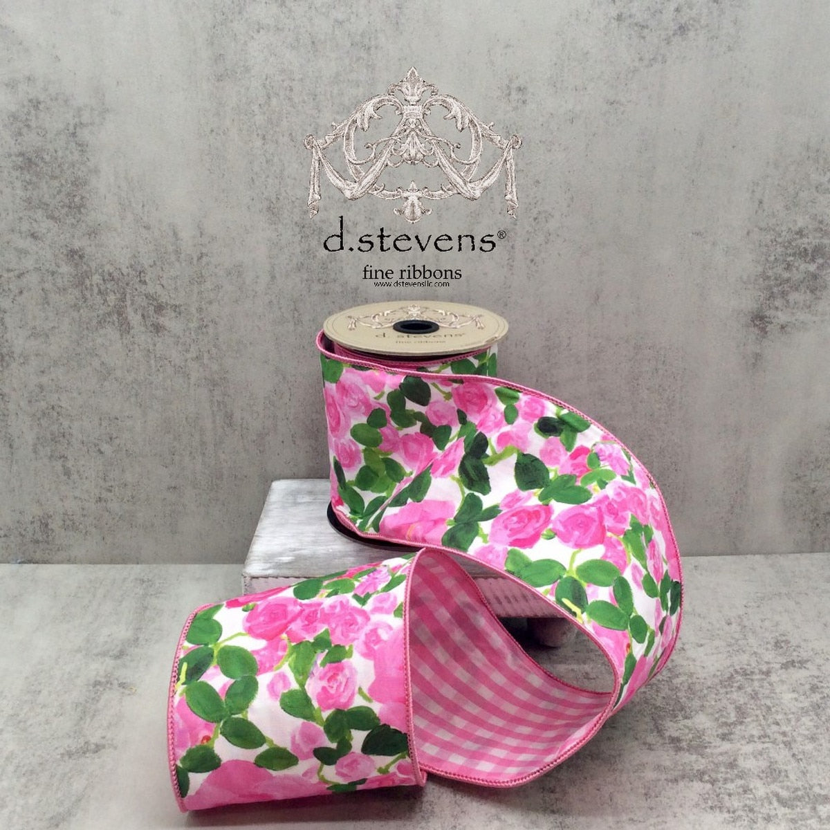 Pink linen ribbon with white check pattern and back bow