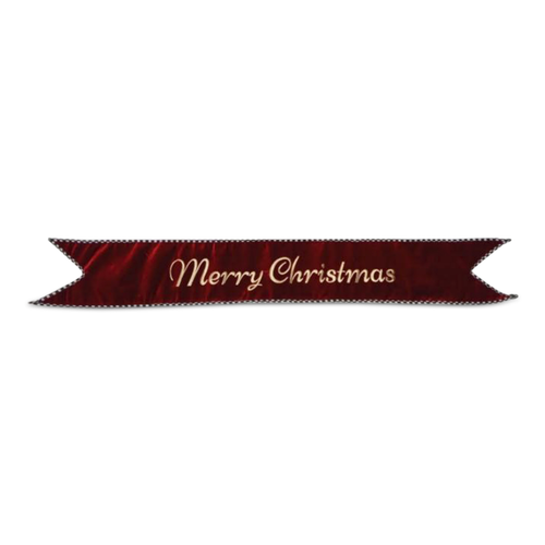 Red velvet banner with gold script reading Merry Christmas and a decorative silver border.