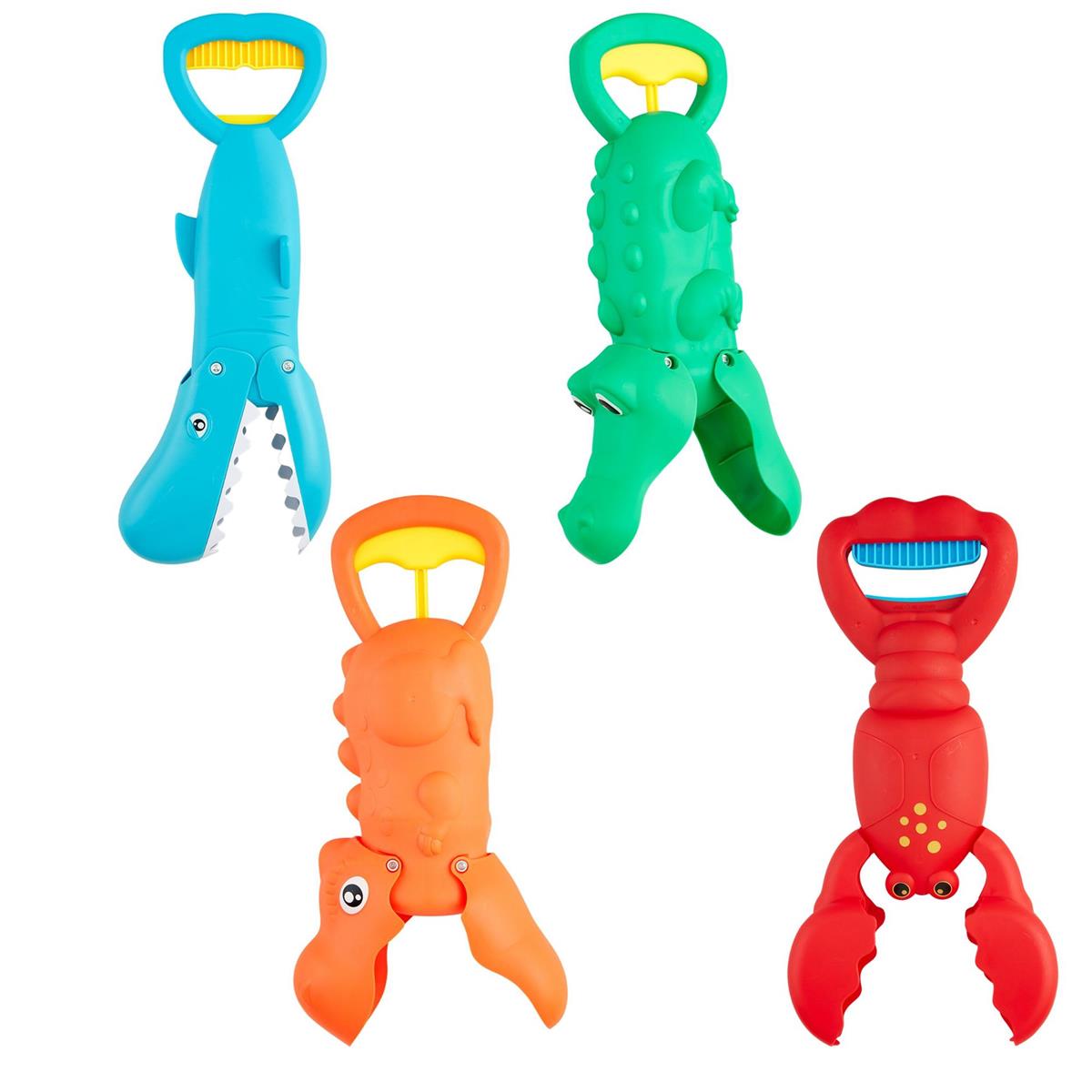 Plastic sand scoop with a long handle designed for beach play.