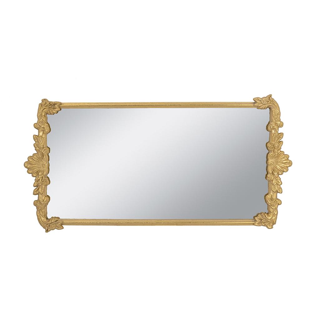 Round mirror tray with gold frame featuring intricate floral cutout patterns.