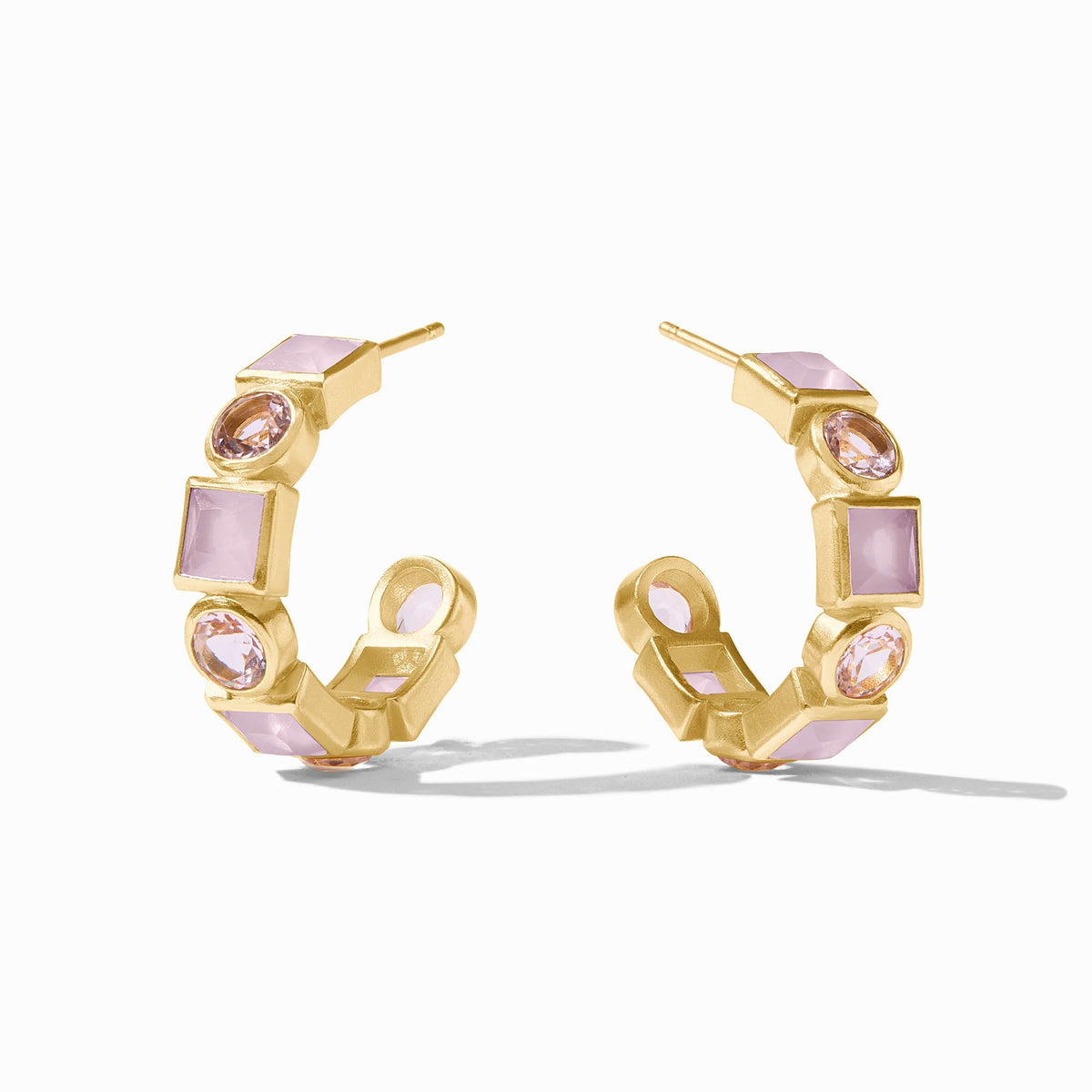 Jolie Hoop earrings featuring a one-inch length with imported glass stones set in 24K gold-plated posts and backs.