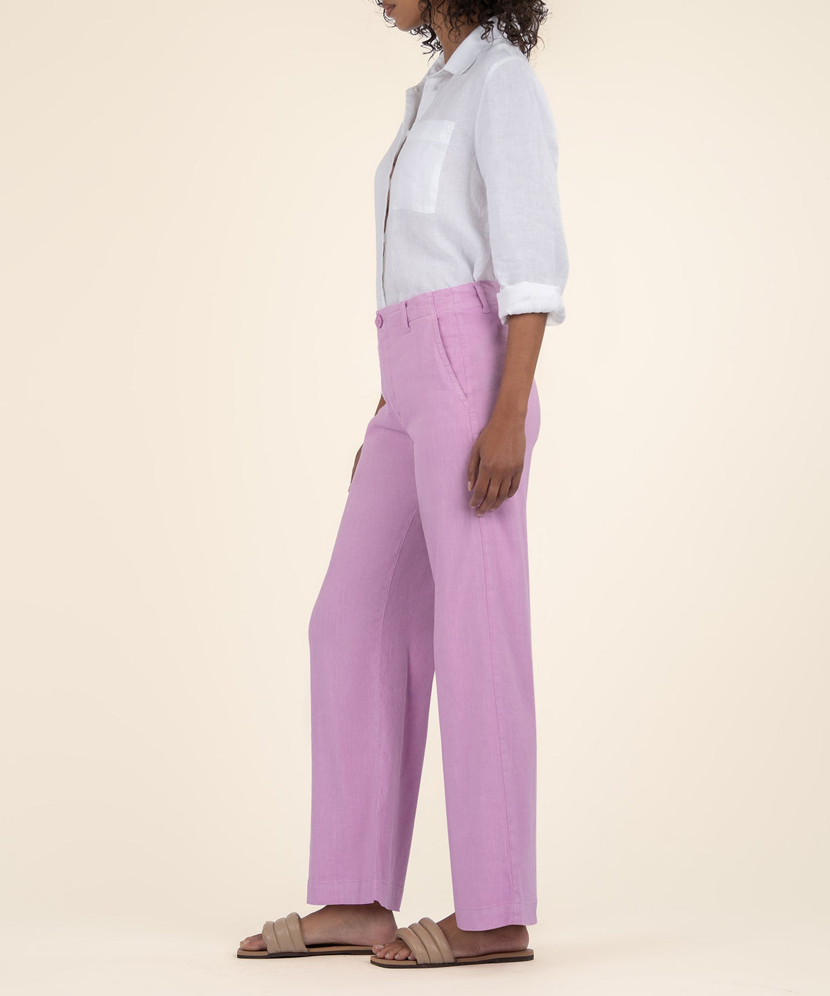 Front view of Meg Linen high rise wide leg pants in natural linen fabric with a soft drape and relaxed silhouette.