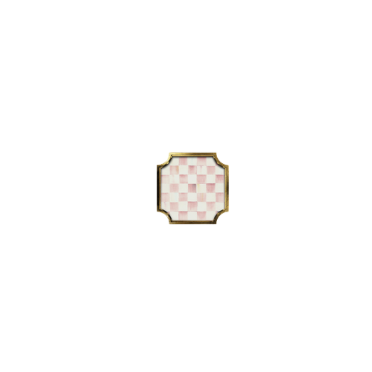Square stackable trinket tray with a pink and white checkered pattern and gold leaf gallery edges.