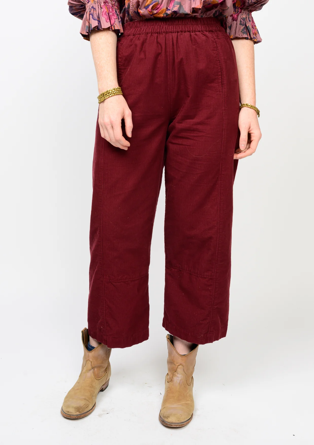 Cindy pull-on barrel pant in dark denim with elastic waistband, cropped length, and hidden front pockets.