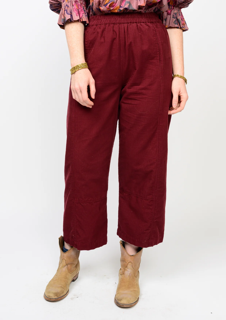 Cindy pull-on barrel pant in dark denim with elastic waistband, cropped length, and hidden front pockets.