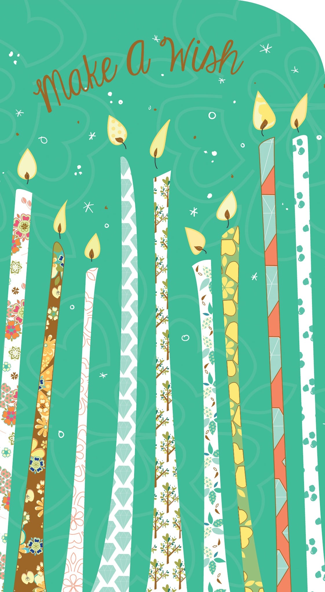 Teal greeting card with "Make a Wish" text and colorful patterned candles.