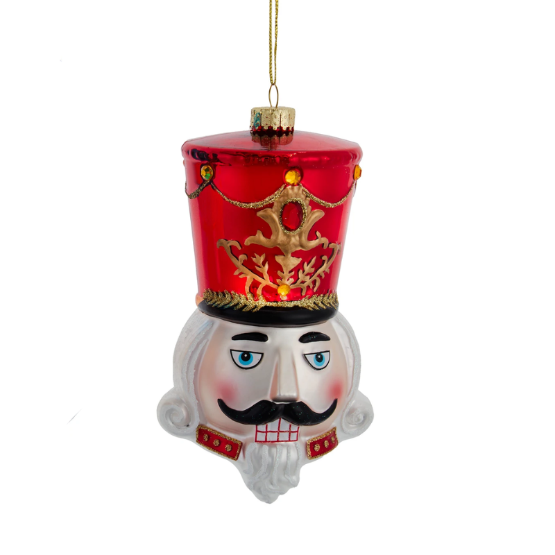 7-inch glass nutcracker head ornament with a red hat, gold accents, and white beard.