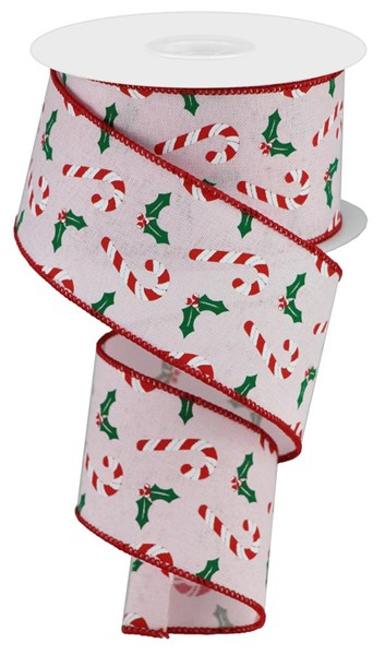 Royal red ribbon with white candy cane stripes and holly leaves.