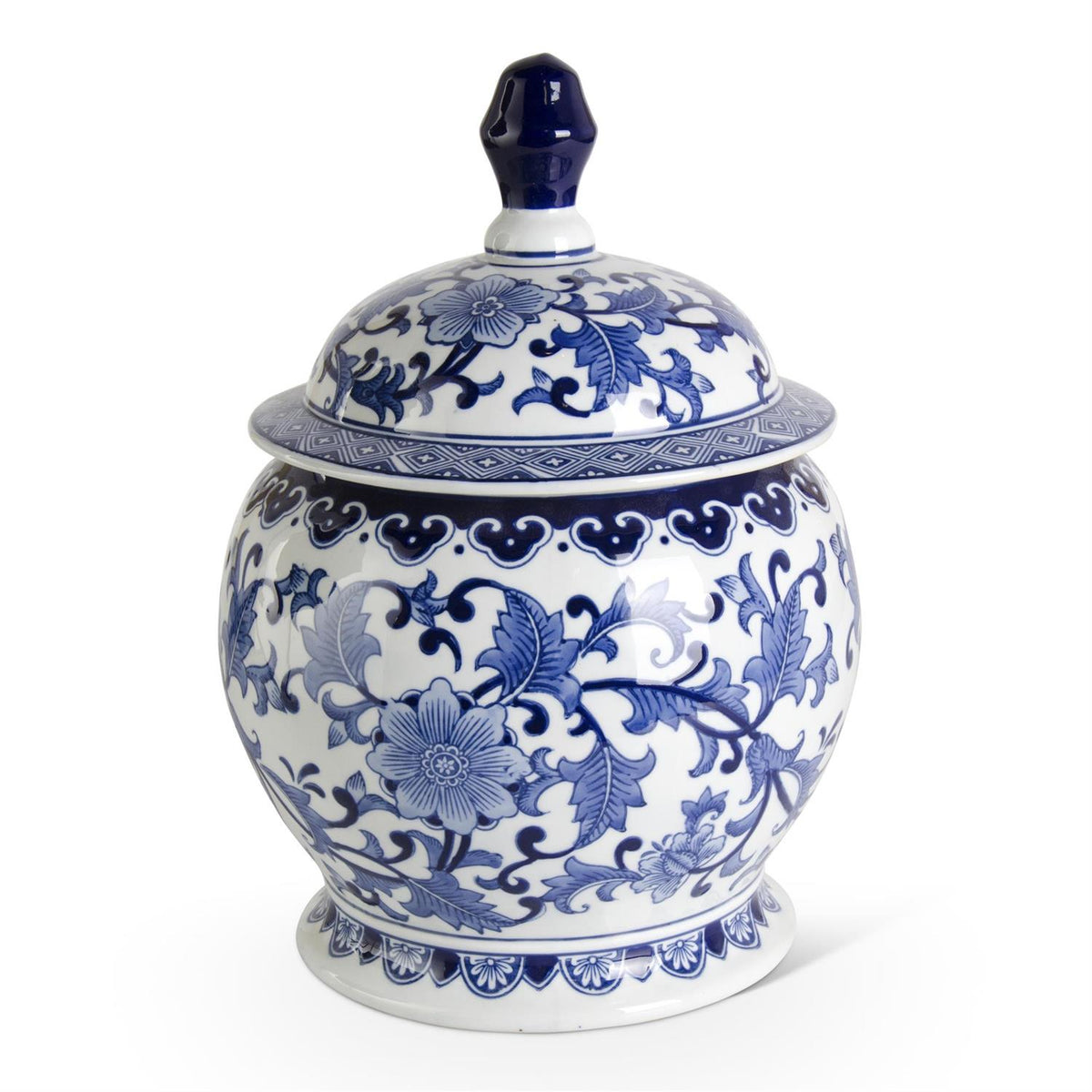 Ceramic ginger jar in royal blue with white lid; cylindrical shape.