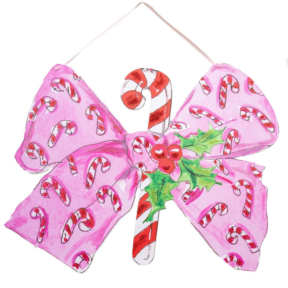 Beck's Vintage Candy Cane Bow PVC door hanger in red and white striped pattern with a bow silhouette.