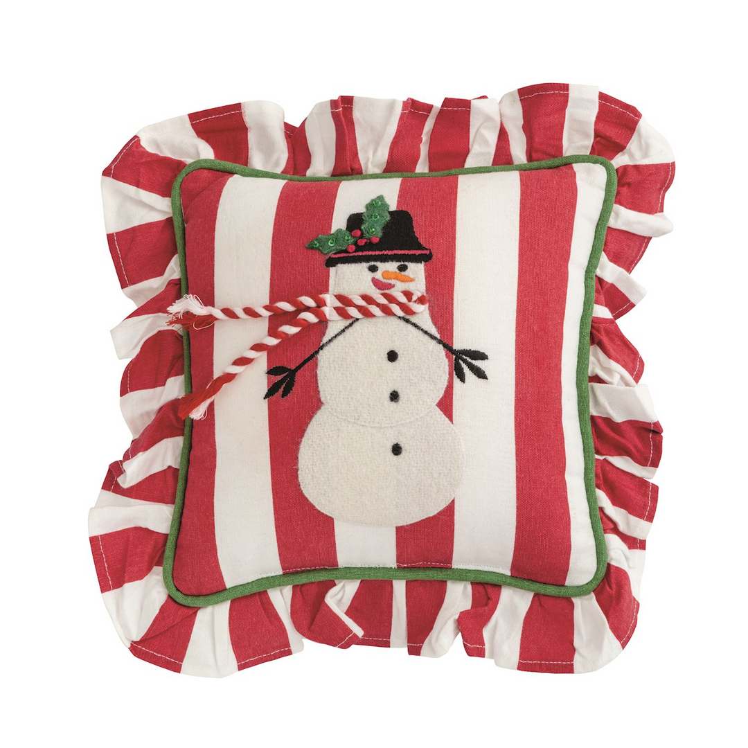 Square red and white striped mini pillow with a snowman applique and ruffled border.