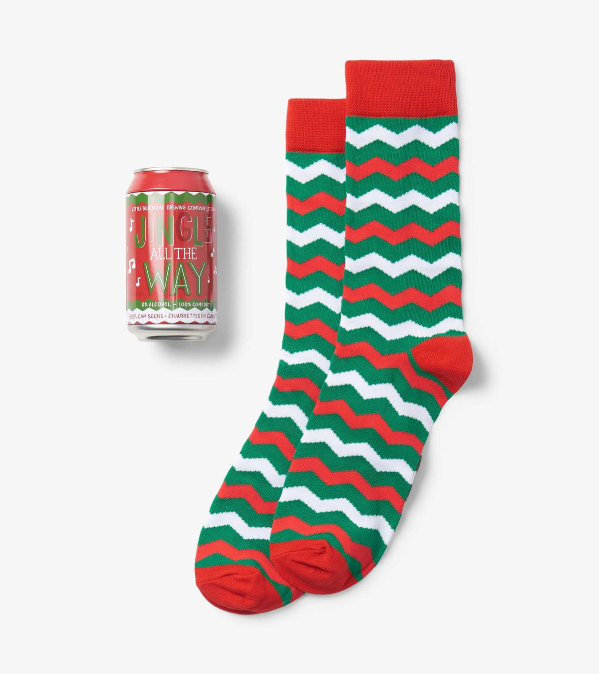 Men's crew socks in blue cotton blend with a beer can print pattern.