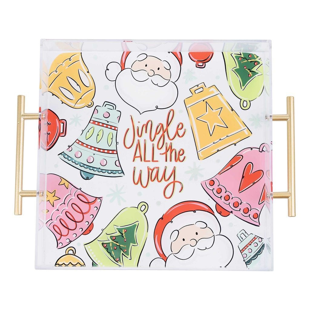 Square acrylic serving tray featuring a joyful Santa Claus illustration with red suit and white beard against a festive holiday background.