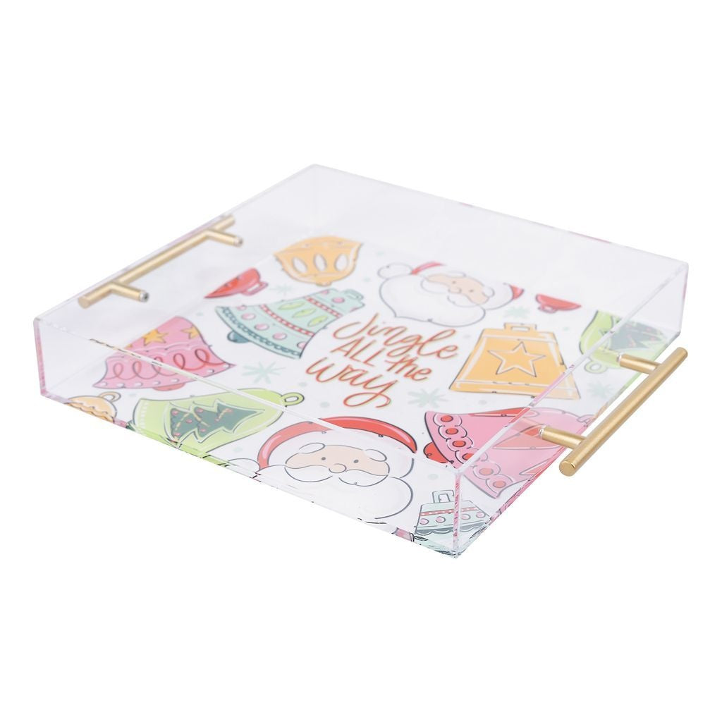 Square acrylic serving tray with a festive Santa Claus illustration and holiday text.