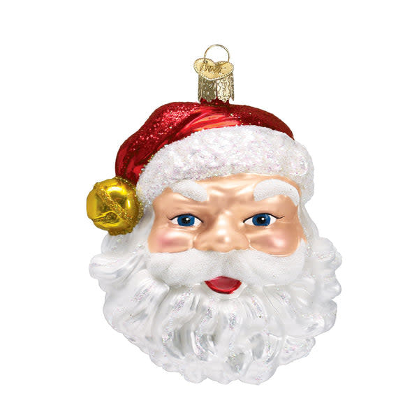 Mouth-blown glass Santa ornament with red suit, silver trim, gold jingle bell hat detail.