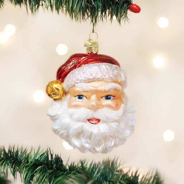 Glass Santa ornament with red suit, white beard, silver jingle bell hat trim, and hand-applied glitter finish.
