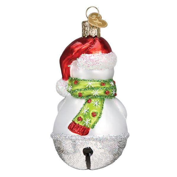 Glass snowman ornament with silver accents, red hat scarf, jingle bell hands, and glitter finish.