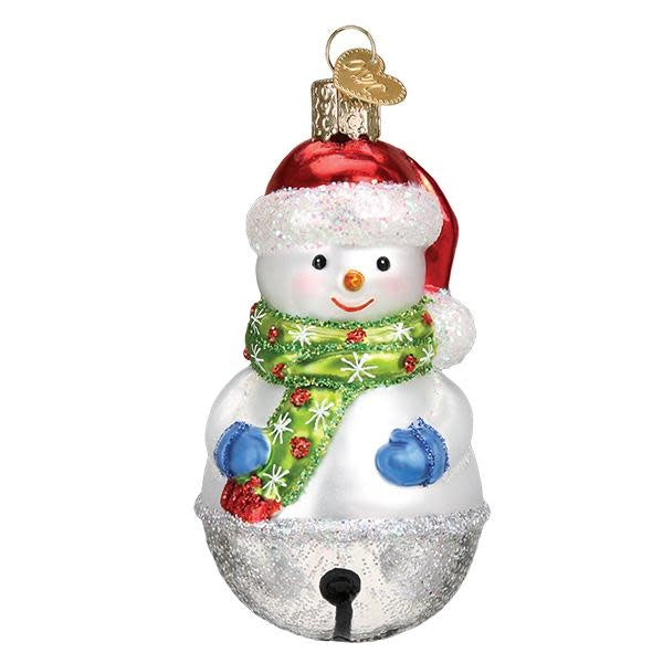 Glass snowman ornament with silver accents and jingle bell detail
