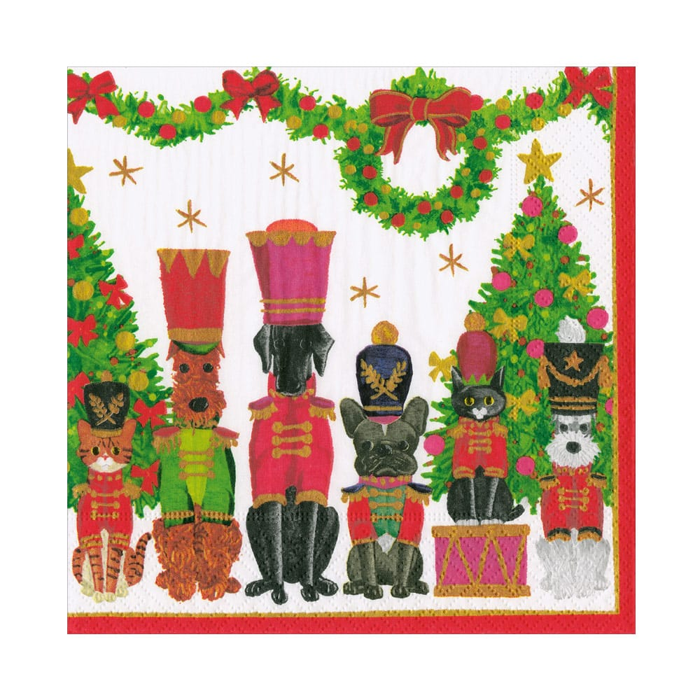 Toy Soldier Pets Luncheon Napkin featuring dogs and cats in nutcracker costumes by Christmas trees.