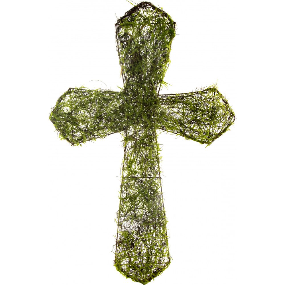 Faux moss-covered vine cross on a metal frame, measuring 22 inches tall and 14 inches wide.