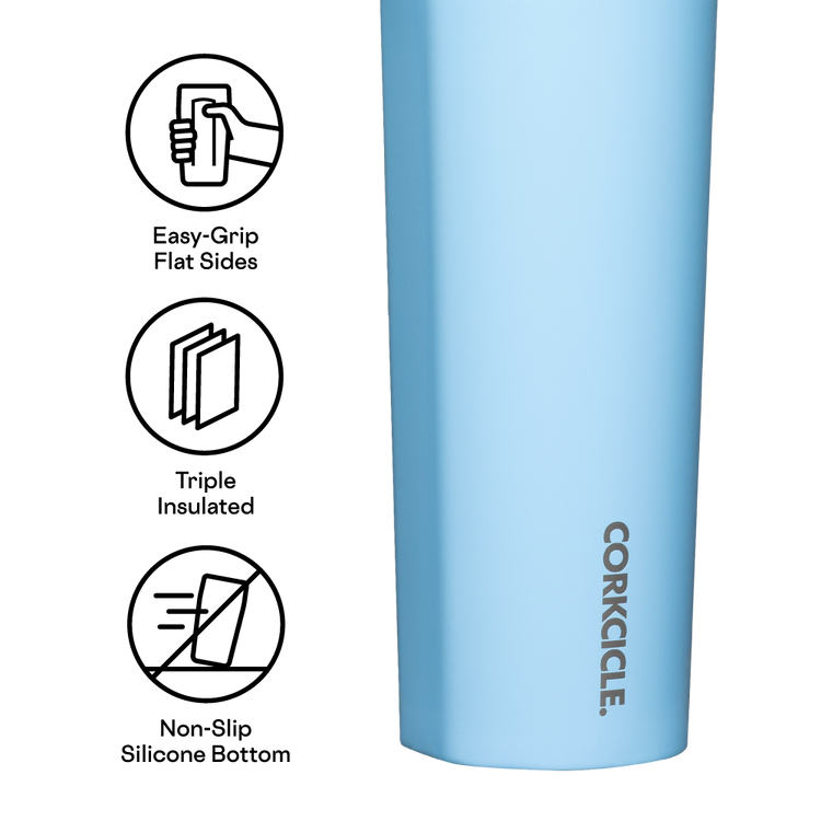 Light blue 16oz canteen with icons for easy-grip sides, triple insulation, and non-slip bottom.