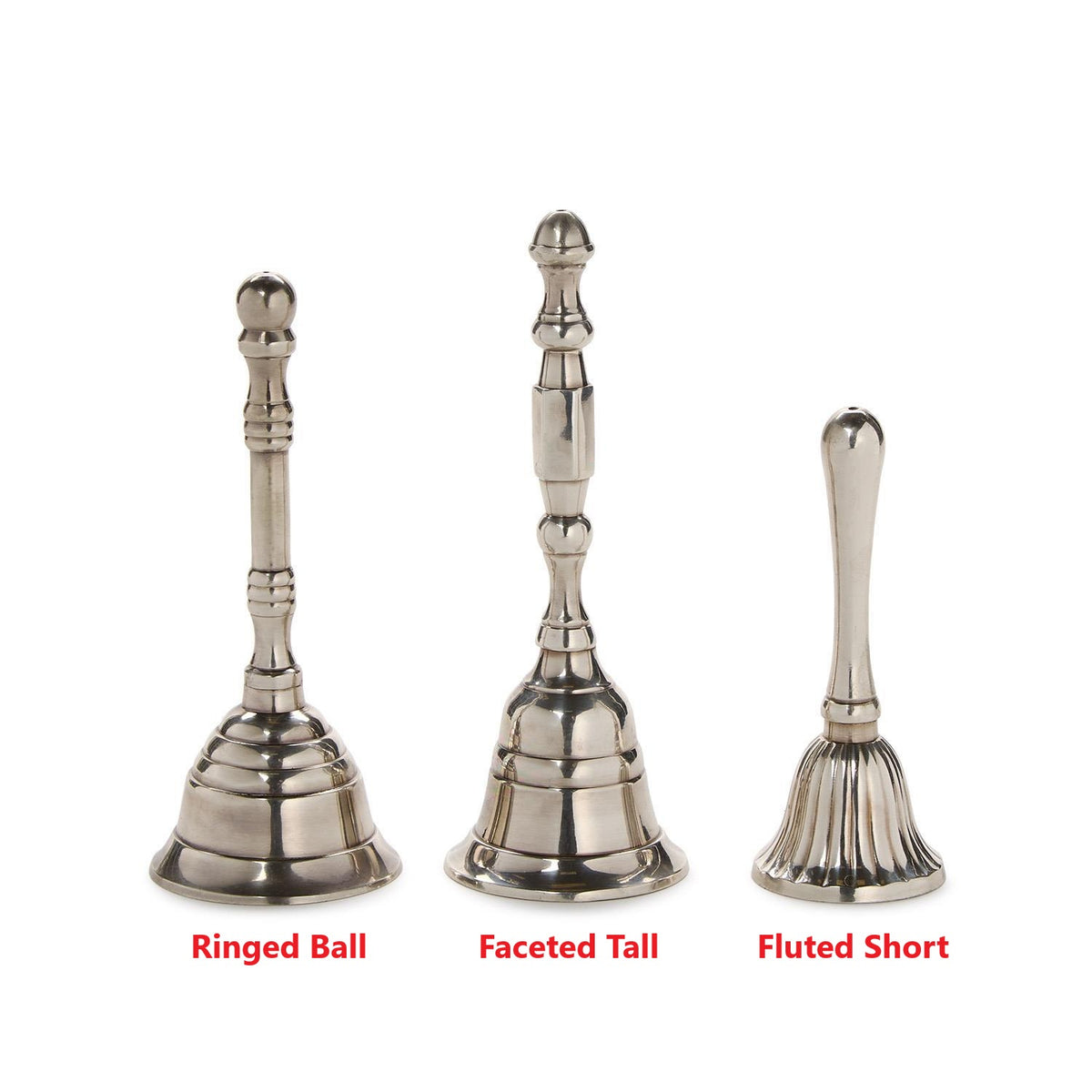 Three silver-plated brass bells in Ringed Ball, Faceted Tall, and Fluted Short styles.