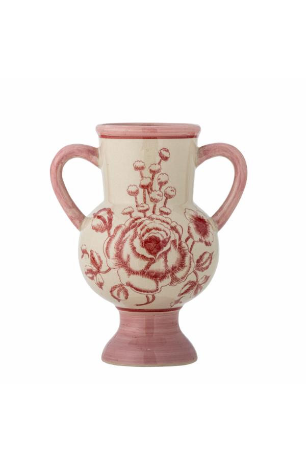 Hand-painted stoneware vase with red floral design, two handles, and a pink base and rim.