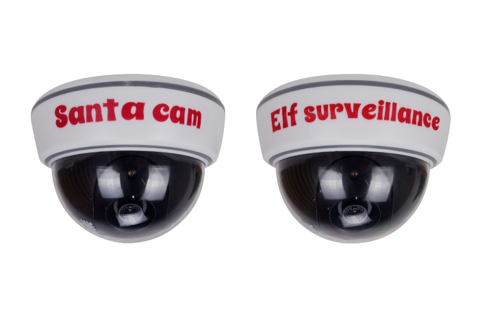 Black plastic surveillance camera with a lens on top designed to look like an eye.