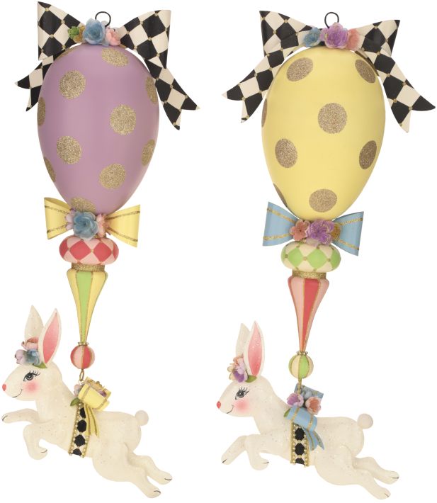 Hanging rabbit finial with a natural wood finish featuring detailed carved ears and tail.