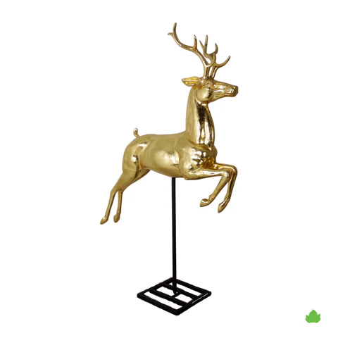 Seven-foot gold reindeer figurine on a stand with antlers