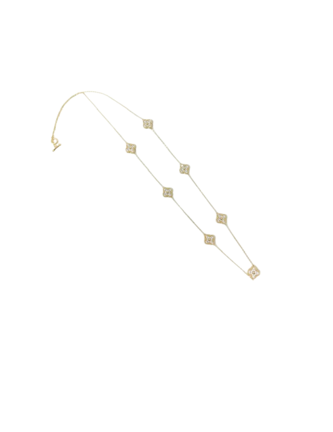 Gold chain necklace featuring multiple CZ-studded clover charms spaced along the length.