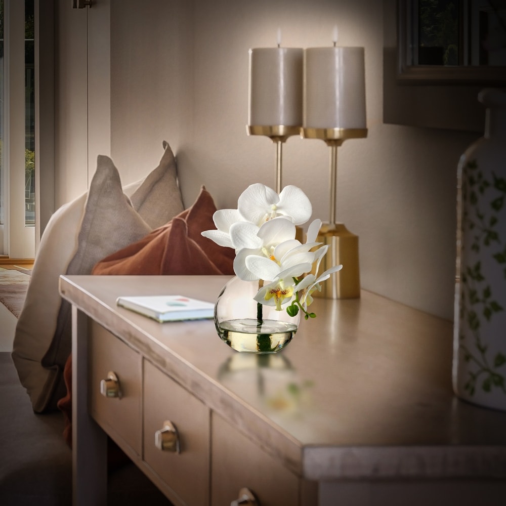 Artificial Phaleanopsis orchid with six blooms in illusion glass vase