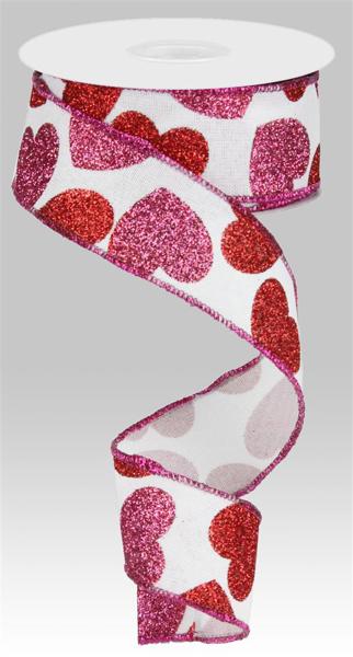 White polyester fabric with red and pink bold hearts on a royal blue background.