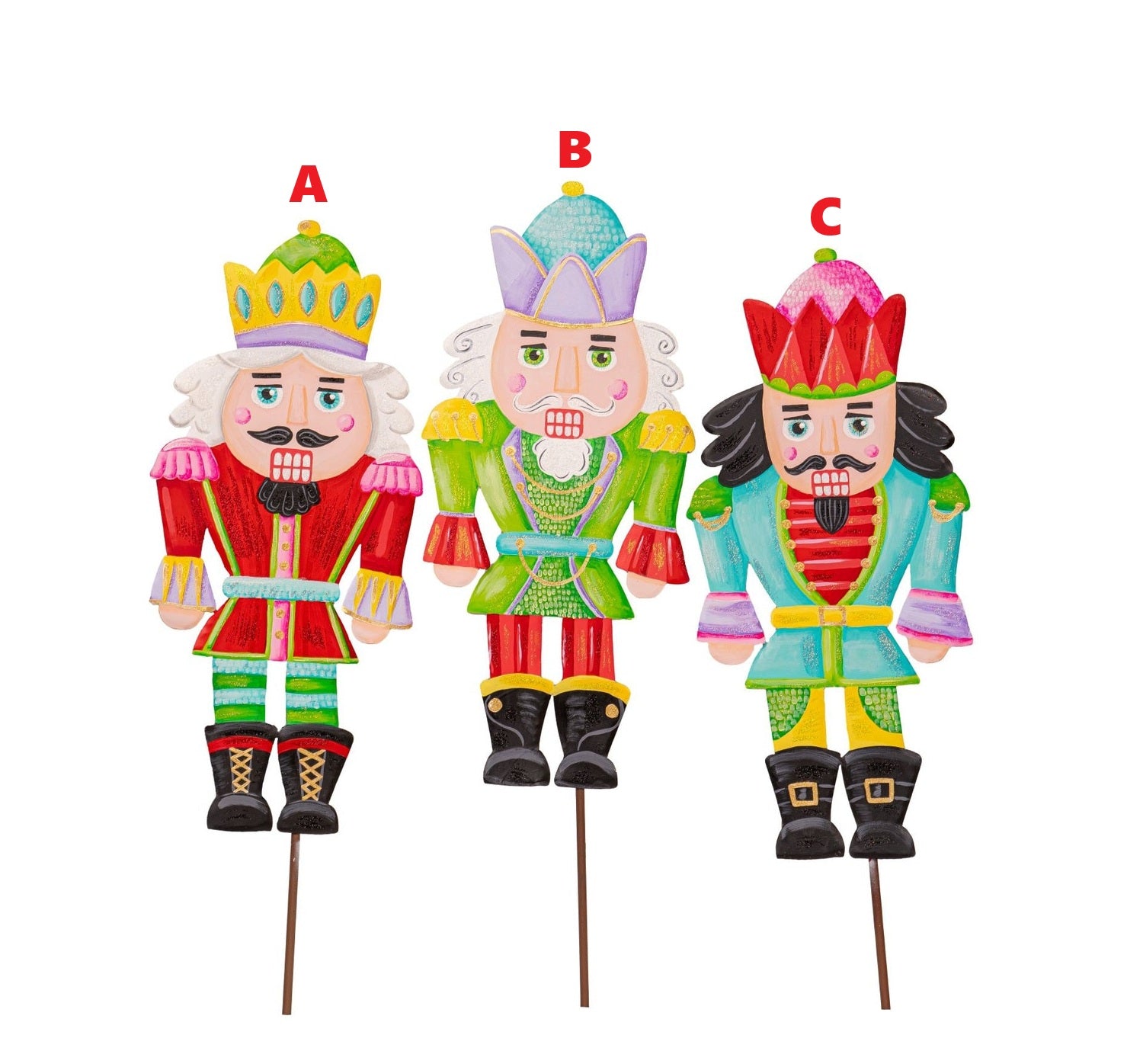 Merry & Bright nutcracker figurine with a red hat, blue coat, and white beard standing on an easel base.