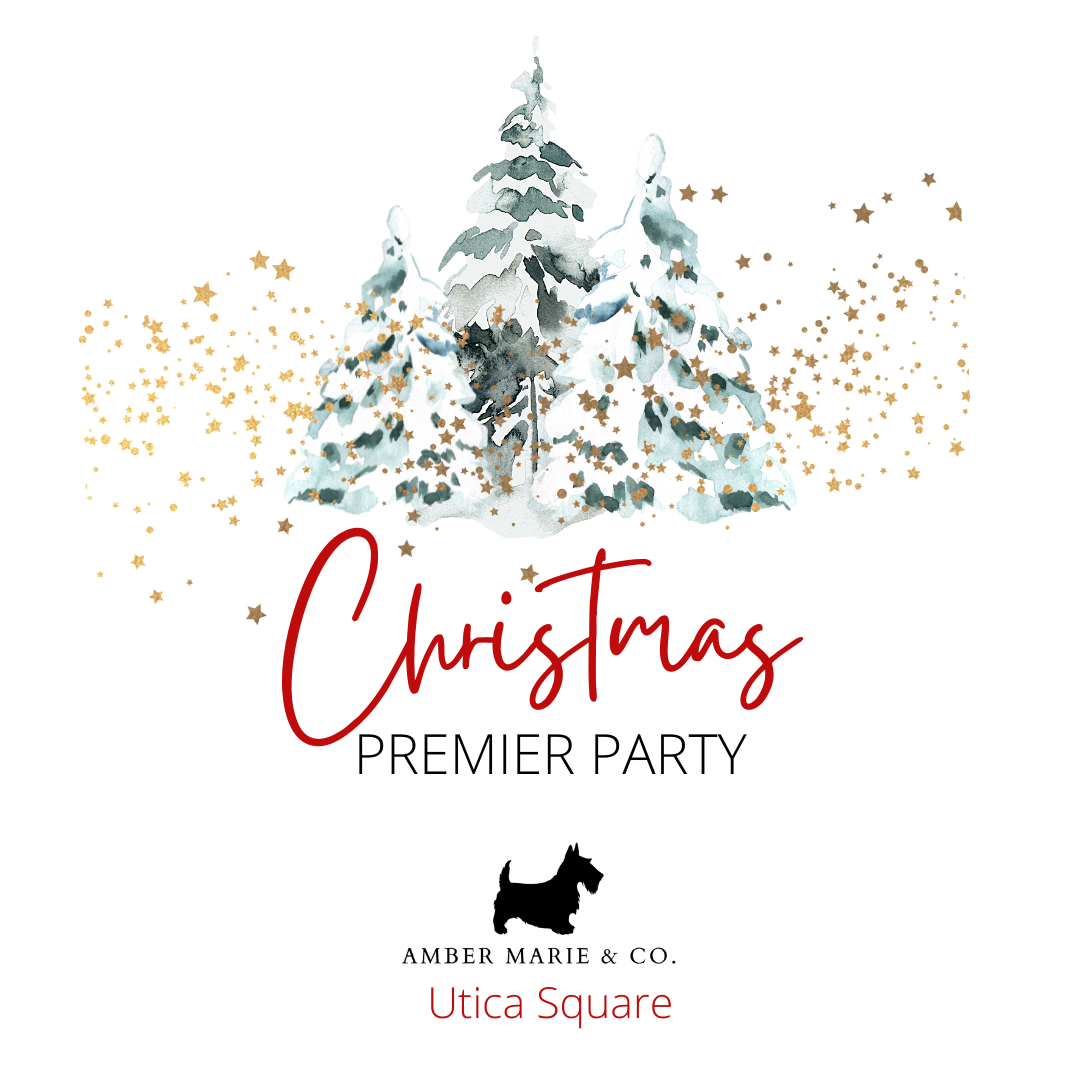 Christmas Premier Party ticket with watercolor trees and gold stars. Features "Christmas Premier Party" and "Amber Marie & Co. Utica Square".