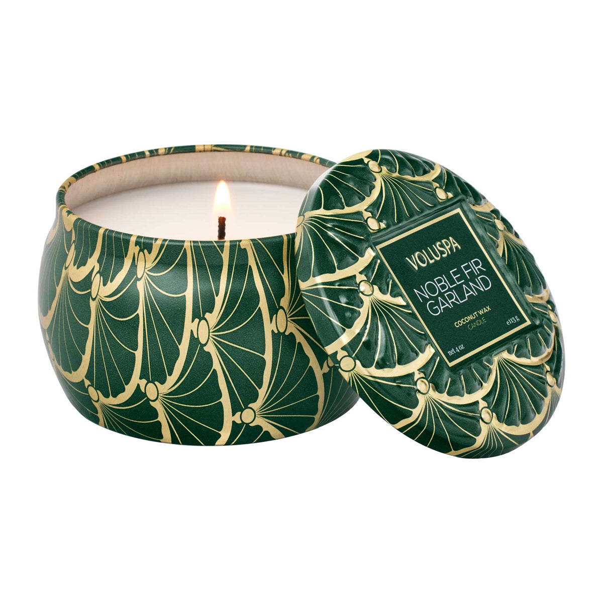 Mini tin candle featuring Noble Fir garland scent with natural wick.