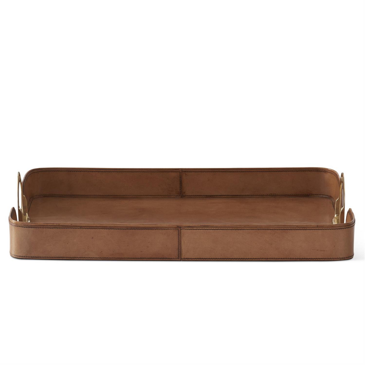 Rectangular brown leather tray with high sides, visible stitching, and gold brass handles.