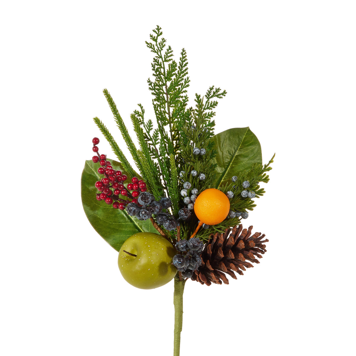 18-inch mixed fruit pick with a green apple, orange, pinecone, berries, and evergreen foliage.