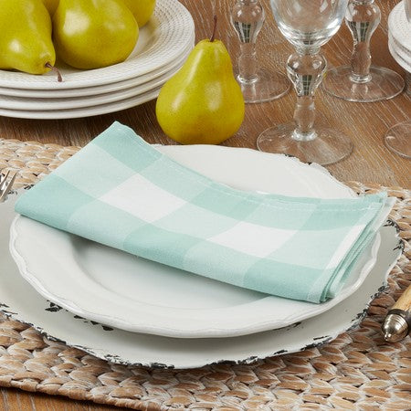 Buffalo plaid napkin made of cotton and polyester with a red and black checkered pattern.