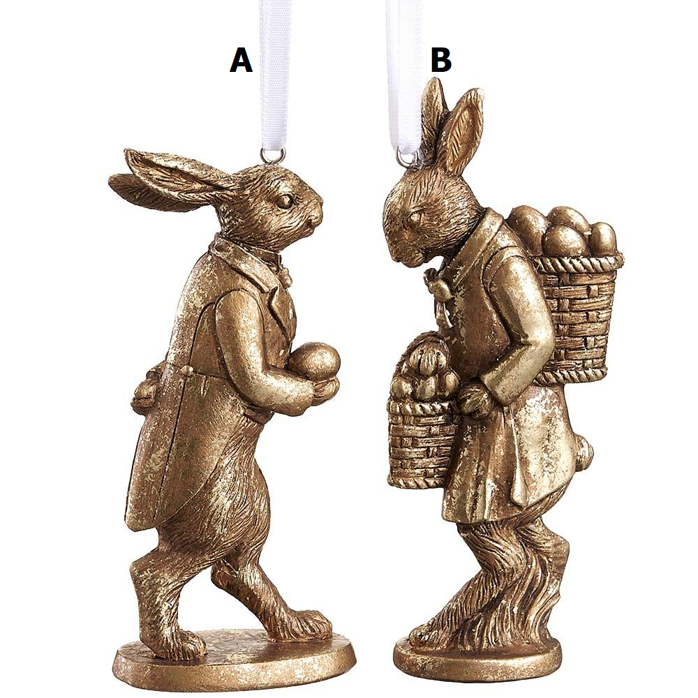 Resin bunny ornament with painted finish in a festive holiday shape.