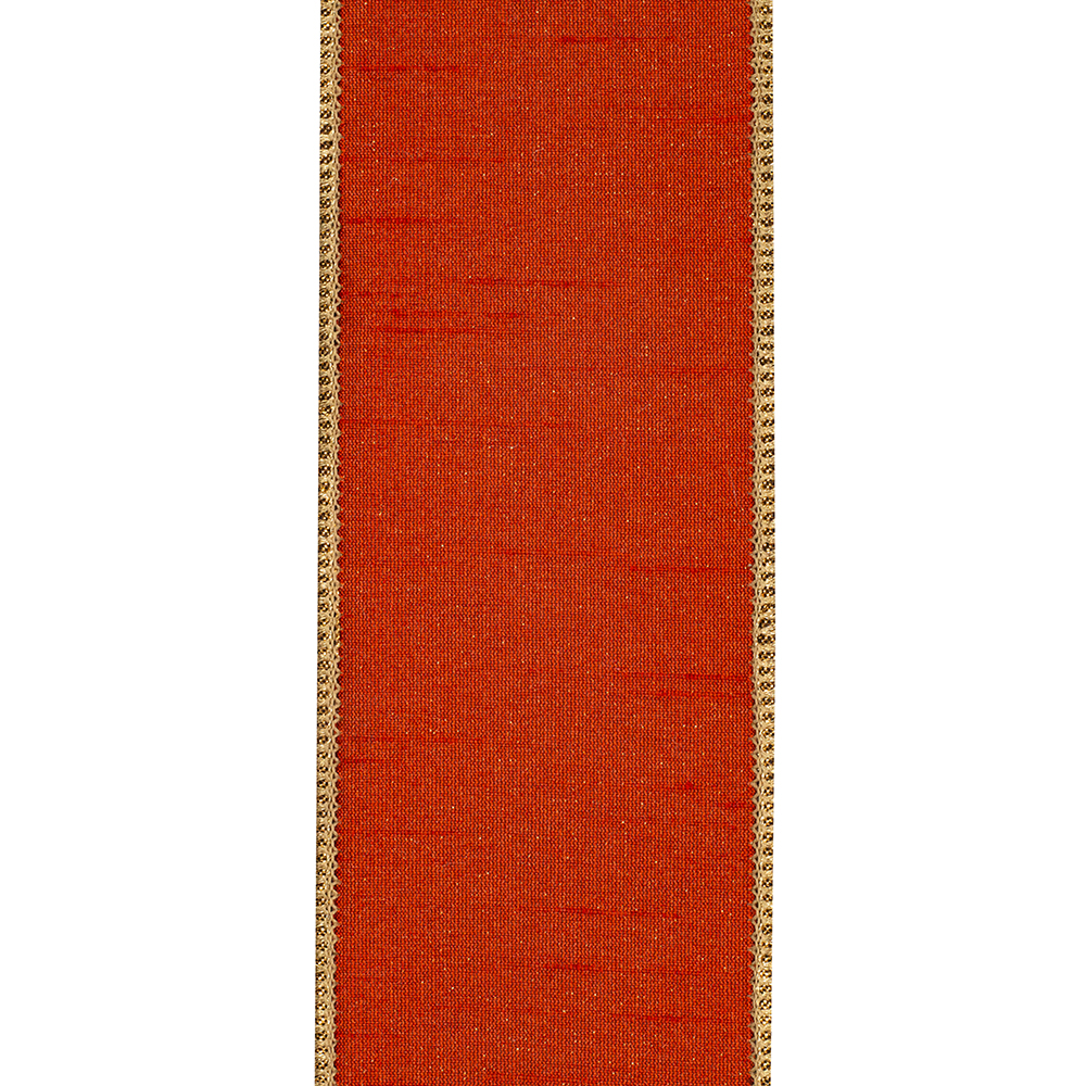 Copper dupioni shimmer ribbon with metallic gold wired edges and a textured finish.