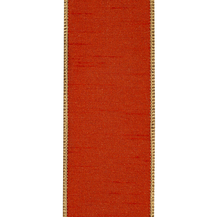 Copper dupioni shimmer ribbon with metallic gold wired edges and a textured finish.
