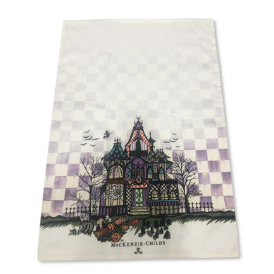 Haunted House Printed Dish Towel with a purple checkered background and MacKenzie-Childs logo.