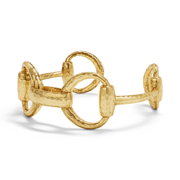 Gold equestrian snaffle bit cuff with a polished metal finish.