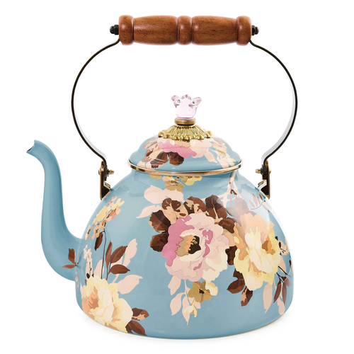 Stainless steel tea kettle with a curved handle and knob