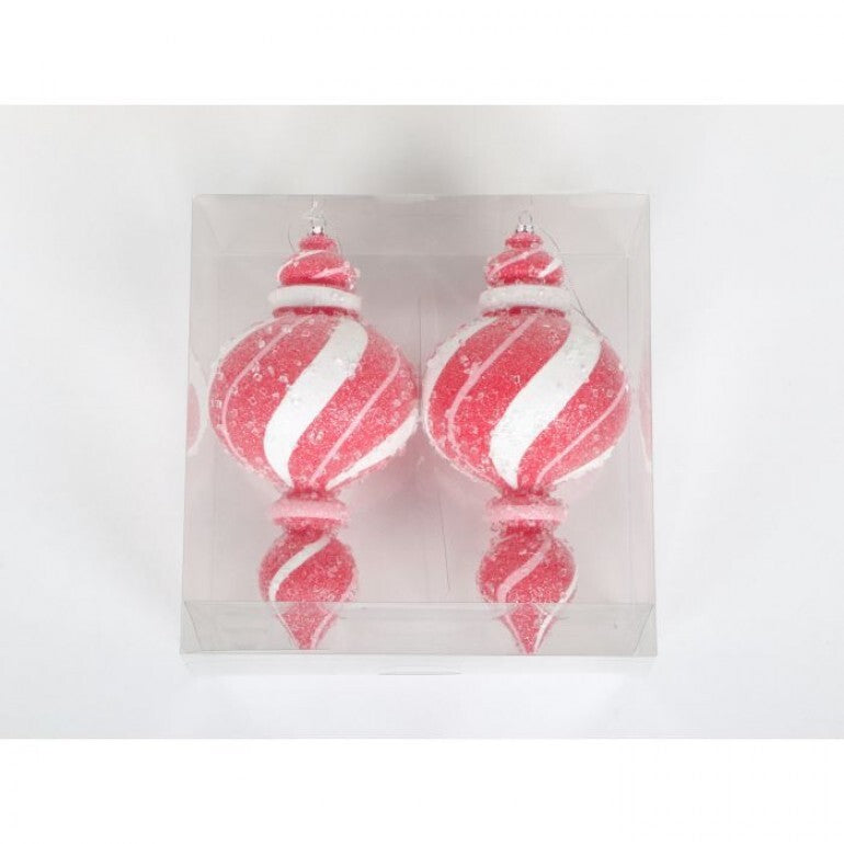 9-inch red vacuum plate sugar peppermint finial ornament with pink accents.